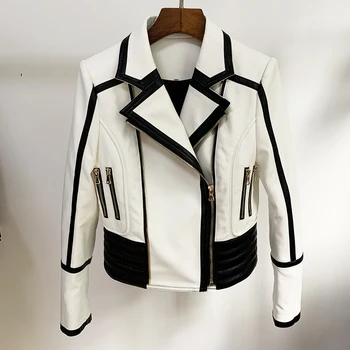 ALTA de la CALLE más reciente de la Moda de 2020 Diseñador Chaqueta de las Mujeres Negro Blanco Color de Bloque Sintético de Cuero de la Chaqueta de Motocicleta