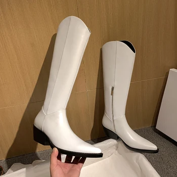 ISNOM 2020 de la Rodilla Botas Altas de las Mujeres de Cuero Genuino Occidental Otoño Invierno de Arranque Gruesos Tacones de los Zapatos de Dedo del pie Puntiagudo Cremallera Lateral de Arranque
