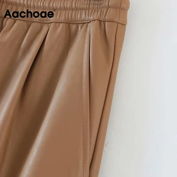 Aachoae 2020 Sólido de la PU de Cuero de Imitación de Pantalones de las Mujeres de la Moda de Cordón Elástico en la Cintura con Pliegues de los Pantalones Casuales de las Señoras Lápiz Pantalones