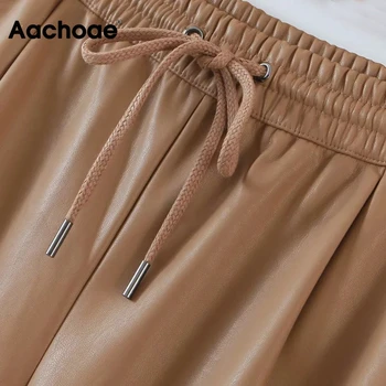 Aachoae 2020 Sólido de la PU de Cuero de Imitación de Pantalones de las Mujeres de la Moda de Cordón Elástico en la Cintura con Pliegues de los Pantalones Casuales de las Señoras Lápiz Pantalones