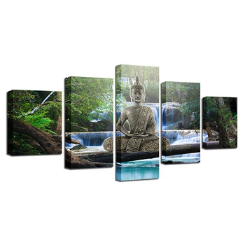 Arte HD Impresión de Decoración 5 Piezas de Oro de Buda Meditación de la Cascada de Pinturas de Paisajes Modular Lienzo Cuadros Para la Pared de la Sala