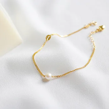 SHANICE coreano S925 plata esterlina de la moda temperamento de oro de color de perla de agua dulce de la pulsera de cadena de la cadena femenina