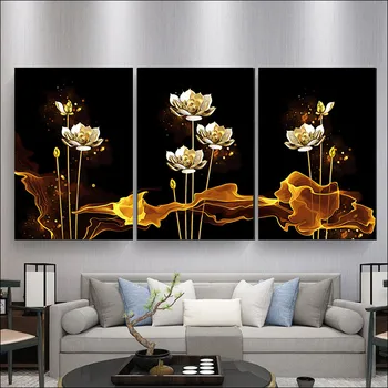 Pintar por números Sin marco Dormitorio murales lienzo adultos Digital DIY Colorido de la pintura de la Mano de Lotus Luz de lujo de oro de las flores