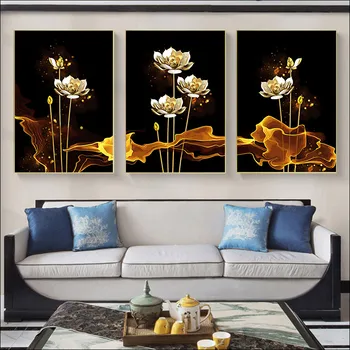 Pintar por números Sin marco Dormitorio murales lienzo adultos Digital DIY Colorido de la pintura de la Mano de Lotus Luz de lujo de oro de las flores