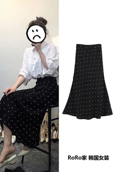 Corea Punto Negro de la Falda de las Mujeres de corea del Vintage Chic Faldas Puntos de Cintura Alta Falda de Una línea de la universidad
