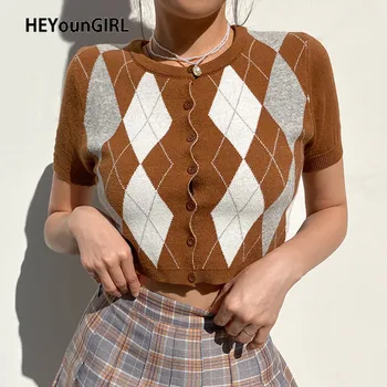 HEYounGIRL Argyle Recortar la parte Superior Cardigan de Punto de Camiseta de las Mujeres de muy buen gusto del Estilo coreano de Manga Corta a Cuadros T Camisa Señoras Y2K 90 Prendas de punto