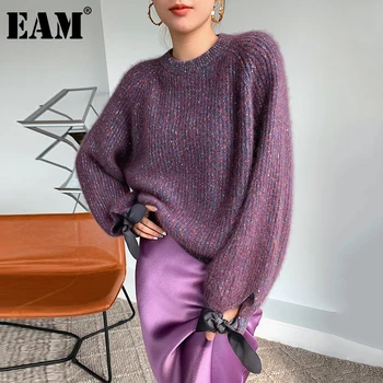 [EAM] Gran Tamaño Suéter de Tejido de punto de Ajuste Suelto Cuello Redondo de Manga Larga de las Mujeres 