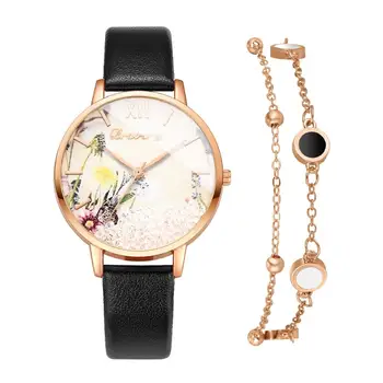 Bravura de la Marca 2pcs/Set Reloj Para las Mujeres Desmontable de diamantes de Imitación de Vestido de las Señoras Reloj de Pulsera de Flores Hembra Negro Reloj de Cuarzo reloj