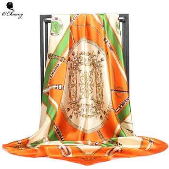 Satén Bufanda Impresa de las Mujeres de la Bufanda de Seda de Lujo de la Marca Chal de la Plaza de la Moda Foulard Pañuelo de la Cabeza, Bufandas de la Mujer con Hiyab 90*90cm