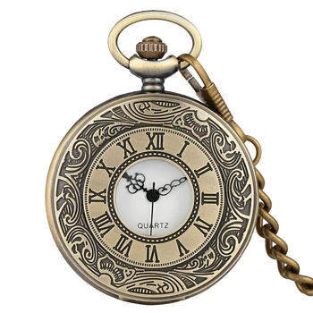 Clásico de Bronce del Reloj de Bolsillo para los Hombres Huecos de salida de los Números Romanos el Caso del Reloj de las Mujeres de Aleación de Slim de la Cadena Colgante reloj de bolsillo