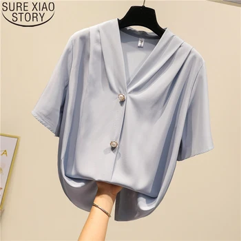 2021 coreano Sólido Casual Jersey de las Mujeres de Gasa Blusas de Verano de la Primavera de V-cuello de las Blusas de Manga Corta Camisas de Gasa Delgada Tops 9138