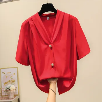 2021 coreano Sólido Casual Jersey de las Mujeres de Gasa Blusas de Verano de la Primavera de V-cuello de las Blusas de Manga Corta Camisas de Gasa Delgada Tops 9138
