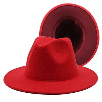 60CM Sombrero de Estilo Británico Rojo vino rojo de la parte Inferior de Retazos de Fieltro de Jazz de la Tapa de los Hombres de las Mujeres Planas de Borde Lana Fedora Sombreros de Panamá Sombrero de Tapas