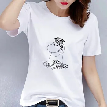 De las mujeres Casual Ropa Mujer Kawaii Gráfico T-shirt Plussize de dibujos animados Divertidos Moomin Verano camisetas de Moda Bastante Tops White Tees