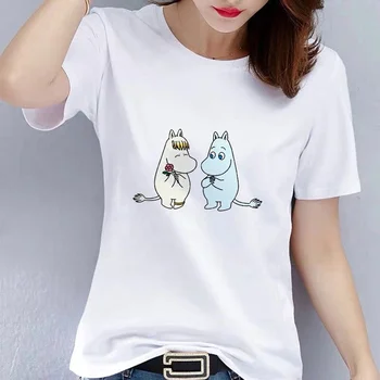 De las mujeres Casual Ropa Mujer Kawaii Gráfico T-shirt Plussize de dibujos animados Divertidos Moomin Verano camisetas de Moda Bastante Tops White Tees