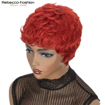 Rebecca de Moda Corto Pixie Peluca Corta Lindo frente de Onda Pelucas de Pelo Humano para las Mujeres Peruanas Remy Peluca Negra Rubia Azul Rojo