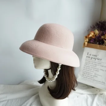 202010-panshi-rosado de francia de estilo Hepburn perla de lana virgen cubo tapa de las mujeres de los pescadores sombrero