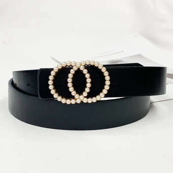 Con incrustaciones de Perlas Cinturones para Mujer de la cintura de Lujo Simple de Alta Calidad de la PU letaher Cinturón de los pantalones vaqueros de los Cinturones de Vestir con tachas y hebilla niñas 2021