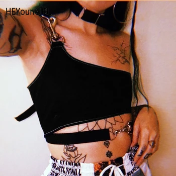 HEYounGIRL Punk Harajuku Parte Superior Del Tanque De Las Mujeres De Un Solo Hombro Negro Crop Tops Camisetas De Damas Casual Vendaje Chaleco De Verano De La Parte Superior De Streetwear 2019