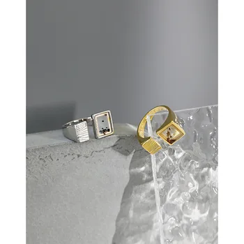 Auténtica versión coreana ins pequeño grupo de luz de lujo geométricas ágata S925 puro anillo de plata femenina anillo de