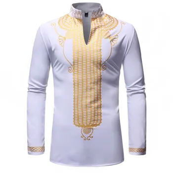 Blanco Estampados Africanos Dashiki Impresión De Camiseta De Los Hombres 2020 De La Moda Streetwear Casual Africana De La Ropa De Los Hombres Camisa De Manga Larga Camisas Masculinas