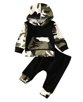 2016 Otoño estilo de bebé ropa de bebé conjuntos de ropa de Niños del Bebé de Camuflaje Camuflaje con Capucha Tops Largos Pantalones 2Pcs Trajes Conjunto de Ropa