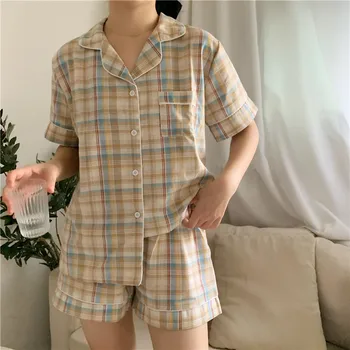 Casual a cuadros de verano pijamas de mujer ropa de dormir camiseta de manga corta pantalones cortos casa traje de 2 piezas de colores de retazos sueltos pijamas Y016