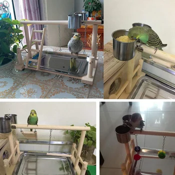 Parrot Playstands con una Taza de Juguetes de la Bandeja de Aves Swing Subir Escalera Colgante Puente de Madera Cacatúa de juegos Pájaro se Posa 53x23x36Cm