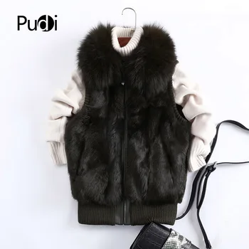 Pudi T18001 la mujer real de piel de conejo chaleco de 2020 invierno nueva chica genuina chaqueta de piel abrigos con mapache zorro plateado collar