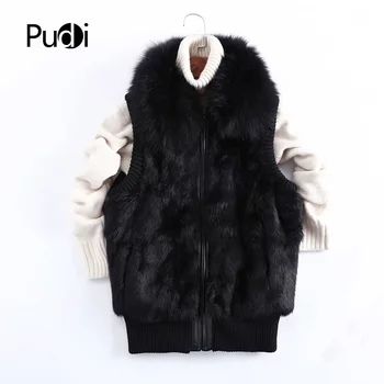 Pudi T18001 la mujer real de piel de conejo chaleco de 2020 invierno nueva chica genuina chaqueta de piel abrigos con mapache zorro plateado collar