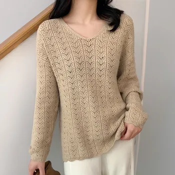 Primavera otoño suéter de las mujeres suelta hueco cuello en v jersey perezoso de punto exterior de lana pullover