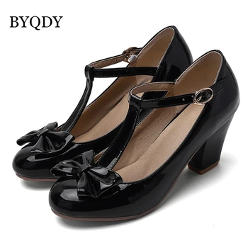 BYQDY Dulce Lolita Princesa Bombas de las Mujeres Zapatos de Mary Jane Arco de Cabeza Redonda Negro Japonés de la Universidad de Bombas de la T-Correa de los Zapatos de Gran Tamaño 43-48