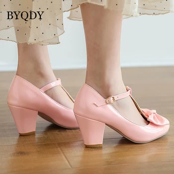 BYQDY Dulce Lolita Princesa Bombas de las Mujeres Zapatos de Mary Jane Arco de Cabeza Redonda Negro Japonés de la Universidad de Bombas de la T-Correa de los Zapatos de Gran Tamaño 43-48