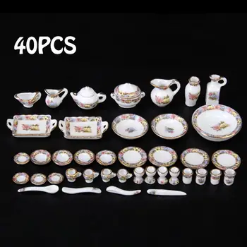 40pcs/set 1:12 Mini Casa de Muñecas Vajilla de Porcelana juego de Té, Platos de Casa de Juego de los Juguetes del Hogar Decoración de Mesa Bonito Regalo China de Cerámica #