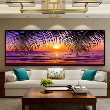 Puestas de sol de Mar de la Playa Natural de la Palma de Coco Panorama del Paisaje de diamante pintura de gran tamaño Arte de la Pared de Imagen de Decoración para el Hogar