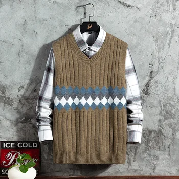SingleRoad de Punto para Hombre Argyle Suéter Chaleco de los Hombres 2020 Puente sin Mangas Suéteres de Harajuku V-cuello Estilo coreano Suéter Negro de los Hombres