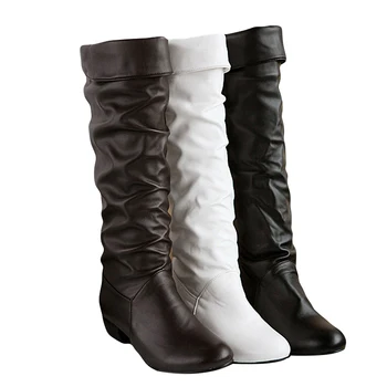 GAOKE Gran tamaño de la altura de la Rodilla de las Mujeres Botas Negro Blanco Marrón plana de los tacones de la mitad de botas de primavera otoño zapatos de mujer