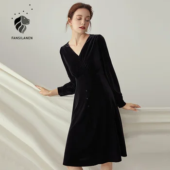 FANSILANEN Elegante terciopelo midi fiesta vestido negro de las Mujeres de cuello v manga larga delgada sexy vestido de Otoño invierno club vitnage vestido de 2020