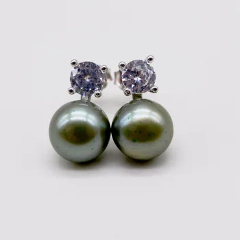 Perla brillante pendientes, 925 pendientes de plata, de 9mm de agua dulce de la perla, de las mujeres pendientes de perlas, blanco / gris / azul / verde