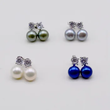 Perla brillante pendientes, 925 pendientes de plata, de 9mm de agua dulce de la perla, de las mujeres pendientes de perlas, blanco / gris / azul / verde