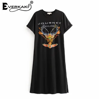Everkaki Boho Retro Vestido de Impresión T-camisa de Vestir de Verano Vestidos de Damas de Largo Dividir los Vestidos Sueltos Mujeres 2021 Primavera Nueva Moda