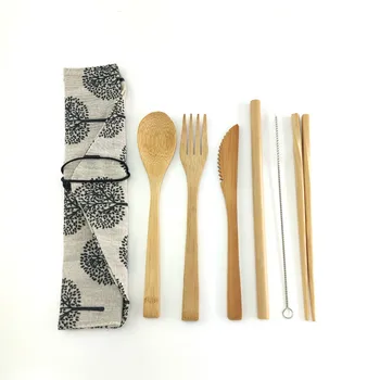 6Pcs/pack Japonés de Madera Cubiertos de Bambú Cubiertos de Paja Cubiertos Con Tela de Saco de Cocina utensilios de Cocina