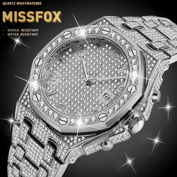 Dropshipping Reloj de los Hombres MISSFOX Laboratorio de Diamantes Conjunto enchapado en Plata Reloj de Diamantes de los Hombres de la Moda de Hielo de la Marca Superior de Hip Hop Reloj Para los Hombres