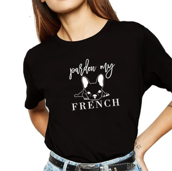 Perdón por Mi francés Impreso Camiseta de Mujer de Verano de Manga Corta O-cuello de las Camisetas para Mujer de Algodón Suelto, Negro, Blanco de la Camiseta de las Mujeres