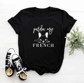 Perdón por Mi francés Impreso Camiseta de Mujer de Verano de Manga Corta O-cuello de las Camisetas para Mujer de Algodón Suelto, Negro, Blanco de la Camiseta de las Mujeres