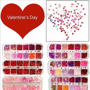 12 Rejillas/Conjunto de san Valentín Amor Lentejuelas Traje Rojo,Labios, Mezclado Tamaño de Uñas Glitter Copos de 3D Lentejuelas de Uñas de Arte de Uñas de Diseñador