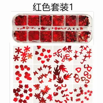 12 Rejillas/Conjunto de san Valentín Amor Lentejuelas Traje Rojo,Labios, Mezclado Tamaño de Uñas Glitter Copos de 3D Lentejuelas de Uñas de Arte de Uñas de Diseñador