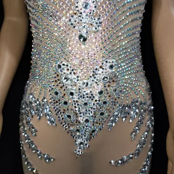Brillantes diamantes de Imitación de Plata de Malla Vestido de Mujer de Cumpleaños de Celebrar el Vestido de la Barra de la Cantante Espectáculo de Ver a Través de Traje de Vestido de fiesta