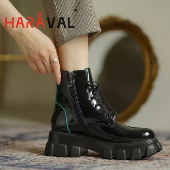 HARAVAL de Moda Botas de Tobillo Zapatos de las Mujeres de Espesor inferior Impermeable de la plataforma de Encajes de Microfibra Dedo del pie Redondo Botas de los Zapatos de Adulto E57L