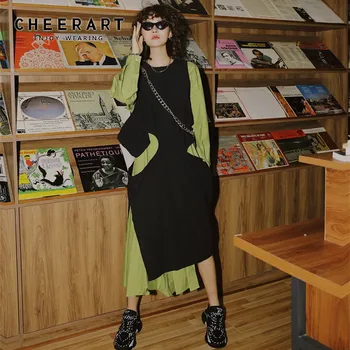 CHEERART Verde Negro Mosaico de los Vestidos de Diseñador de la Pista de 2019 Batwing Manga Larga Asimétrica Vestidos de Ropa de Mujer en 2019